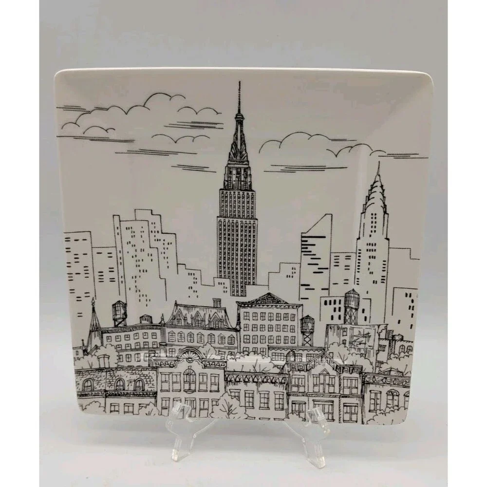 222 Fifth Square NY City Scenes Skyline Plate Lunch Salad Black & White